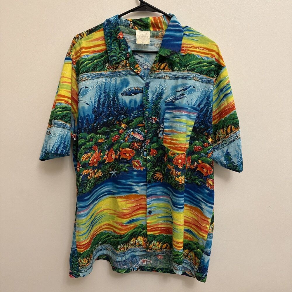 ACME Mens 2XL Hawaiian Shirt Vintage Colorful Ocean Fish Aloha Whale Palm Trees
